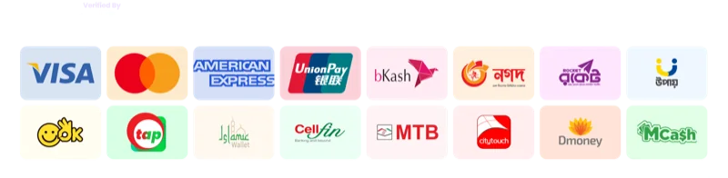 Verified by PayStation: pay with Visa, Mastercard, American Express, UnionPay, bKash, Nagad, Rocket, Upay, OK Wallet, Tap, Islamic Wallet, CellFin, MTB, citytouch, Dmoney or MCash